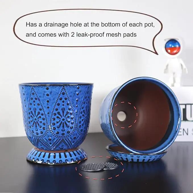 Gepege 6 Inch Beaded Ceramic Planter Set of 2 with Drainage Hole and Saucer for Plants, Indoor-Outdoor Large Round Succulent Orchid Flower Pot (Blue, for Inner-pots not Larger Than 5 Inch) by GreenHaven Gardens