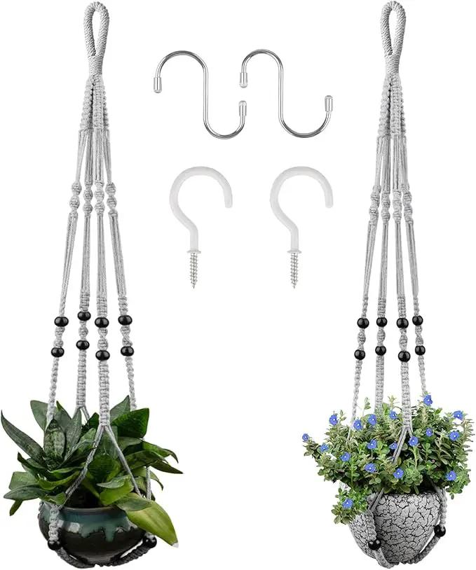 Macrame Plant Hanger for 5 to 10 Inch Plant Pots, Set of 2 Indoor Handmade 35 Inch Woven Rope Hanger Kits with Hooks and Wood Beads, Hanging Planter Basket Holder for Boho Home Decor (Grey, 2 Pack) by GreenHaven Gardens