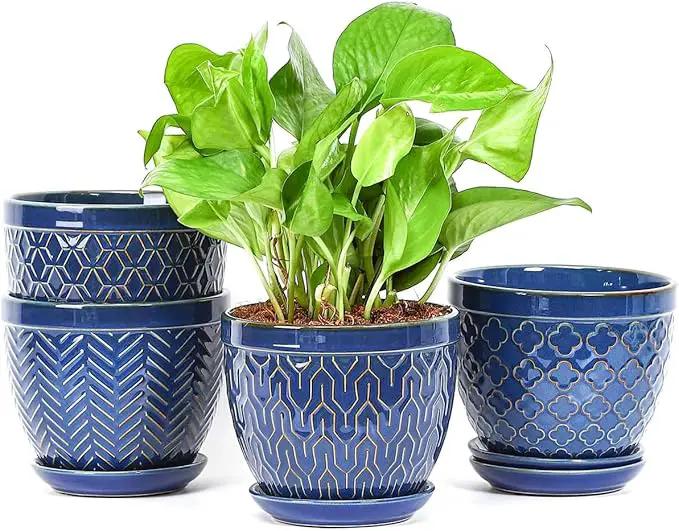 Sureasy Ceramic Indoor Plant Pots - 5.6 Inch Flower Pots for Plants with Drainage Hole and Saucer, Embossed Planter for Succulents, Orchid, Cactus, Indoor Home Decor, Set of 4, Blue by GreenHaven Gardens