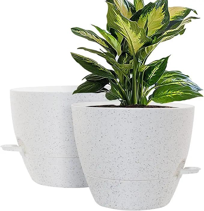 WOUSIWER 10 inch Self Watering Planters, 2 Pack Large Plastic Plant Pots with Deep Reservior and High Drainage Holes for Indoor Outdoor Plants and Flowers, Speckled White by GreenHaven Gardens