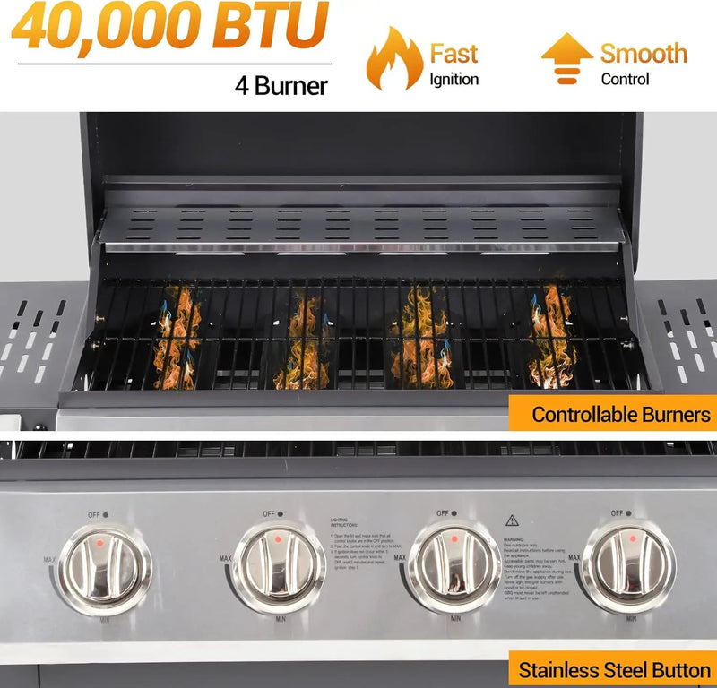 4 Burner Gas Grill with Side Burner, Stainless Steel Foldable Side Tables, 40,000 BTU, with Grease Tray, Easy Assembly for Patio, Backyard (Folding Version) by GreenHaven Gardens