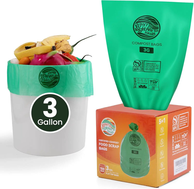 Compost Bags 3 Gallon Extra Thick Compost Bags for Countertop Bin,150counts,Compostable Liner Bags,Small Kitchen Food Scrap Waste Bags,Certified by BPI,ASTM D6400 and OK compost HOME certified by GreenHaven Gardens