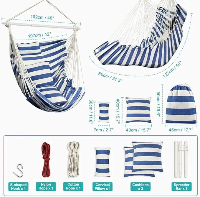 Hammock Chair, Hanging Chair with 3 Cushions and Foot Rest Support, Sturdy Metal Spreader Bar Max 440 Lbs, Swing Chair for Bedroom, Indoor & Outdoor, Patio, Porch or Tree（Blue and White） by GreenHaven Gardens