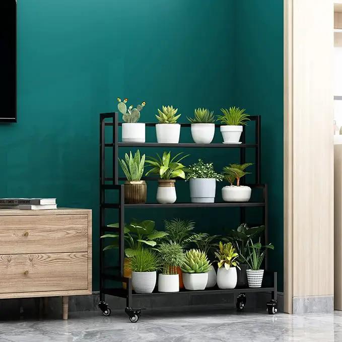 YIZAJIA Plant Stand Indoor 3 Tier Metal Outdoor Tiered Stands Shelf With wheel for Multiple Plants Potted Ladder Plant Holder Table Plant Pot Stand for Window Garden Balcony Living Room (3 Tier-Black) by GreenHaven Gardens