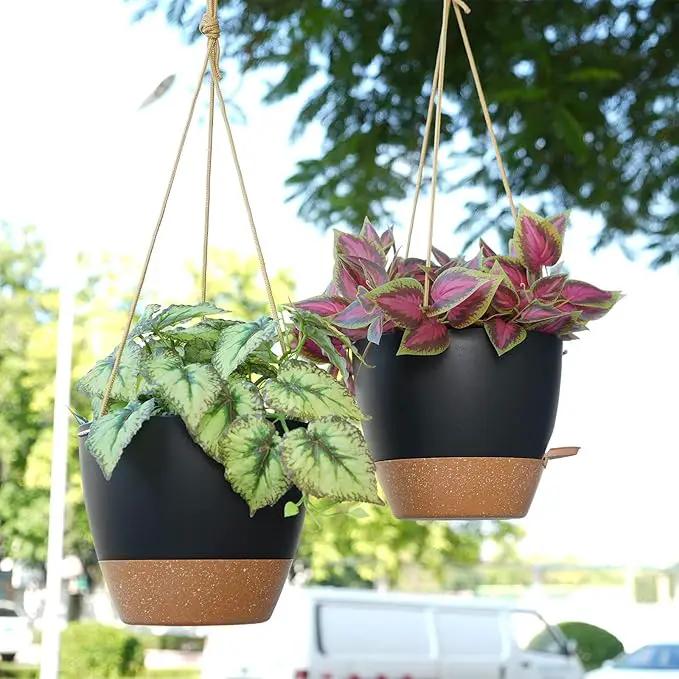8 inch Hanging Planters, 2 Pack Self Watering Hanging Pots with 20oZ Deep Reservoir for Indoor Outdoor Plants Flowers, Black with Brown by GreenHaven Gardens