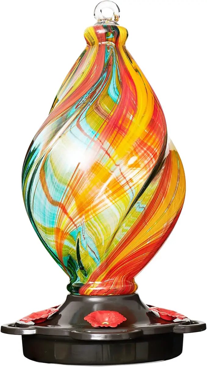 LUJII Ice Cream Shaped Spiral Hummingbird Feeder for Outdoors Hanging, Hand Blown Glass, 28 fl.oz, Leak Proof & Rustproof, Includes an Ant Moat, Unique Garden, Outside & Backyard Decor (Ribbon) by GreenHaven Gardens