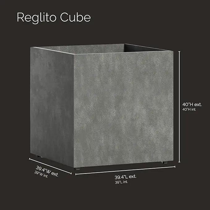 Reglito Cube Planter – Fiberglass Indoor/Outdoor and Weather-Resistant Large Planter (Grey Stone, 39.4" L x 39.4" W x 40" H) by GreenHaven Gardens