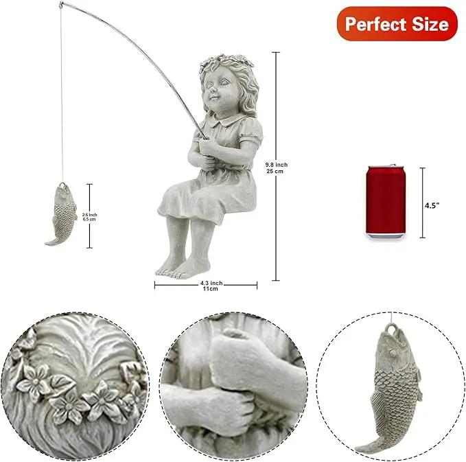Goodeco Fishergirl Statue Garden Decor - 11" Little Fishing Guy for Koi Pond or Waterfalls, Poolside Statue with Glow in Dark Pebbles Included, Great Gifts for Mom, Women or Birthdays, Gift Ideas by GreenHaven Gardens