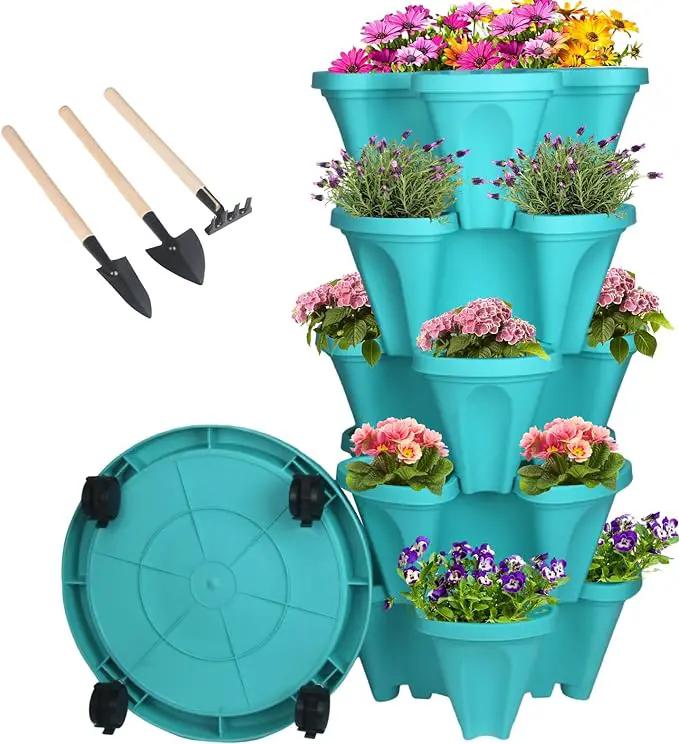 Vertical Planter 5 Tier Stackable Planters Garden Planters Strawberry Herb Flower and Vegetable Planter Indoor Outdoor Gardening Pots with Removable Wheels and Tools by GreenHaven Gardens