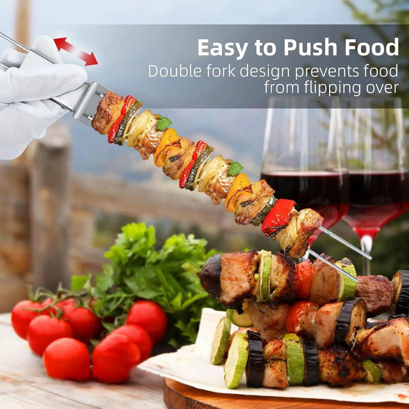 Metal Skewers for Kabobs - 17" 10 Pack Kabob Skewers with Push Bar Double Pronged Anti-Roll Flat BBQ Skewer for Grilling Stainless Steel Reusable Kebab Skewer for Meat Shrimp Chicken Veggie by GreenHaven Gardens