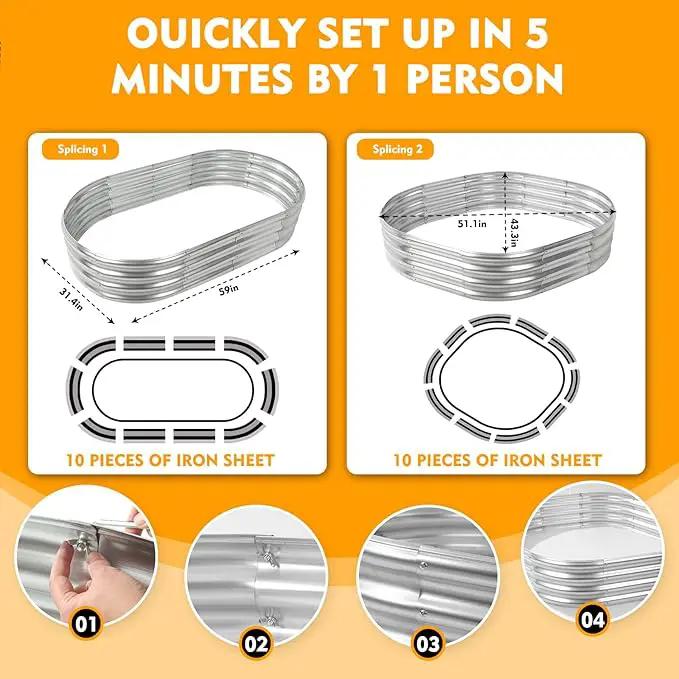 Durable-0.8MM Thick,Crimped Edge 5X2.7X1 FT Oval Galvanized Steel Raised Garden Bed/Galvanized Metal Planter Box for Planting in The Backyard/Garden(Silver, 60X32X12 Inches) by GreenHaven Gardens