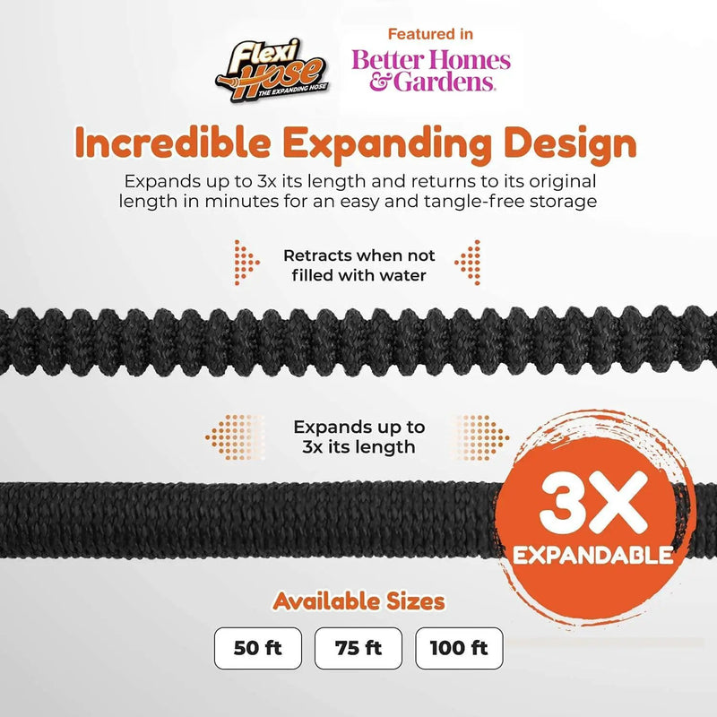 Flexi Hose Upgraded Expandable Garden Hose Extra Strength 3/4 Solid Brass Fittings - The Ultimate No-Kink Flexible Water Hose (Black, 50 FT) by GreenHaven Gardens