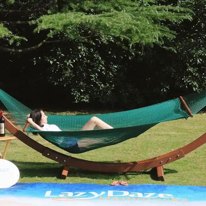 Lazy Daze Hammocks 10.5 FT Double 2 Person Caribbean Rope Hammock, Hand Woven Polyester Hammock with Spreader Bars, for Outside Outdoor Backyard Patio Poolside,450 LBS Capacity, Green by GreenHaven Gardens