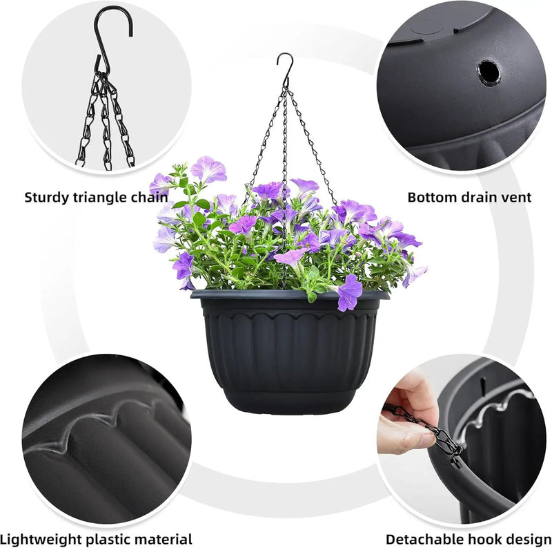 YIKUSH Planters for Outdoor Plants 2 Pack Black Plant Pots with Drainage Hole and Absorbing Tray Hanging Planters for Indoor Plants (12 inch, 3 Hooks) by GreenHaven Gardens