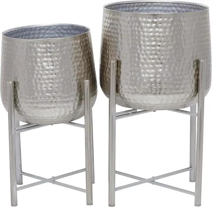 CosmoLiving by Cosmopolitan Metal Indoor Outdoor Planter Hammered Large Planter Pot with X-Shaped Stands, Set of 2 Planters 19", 16"H, Silver by GreenHaven Gardens