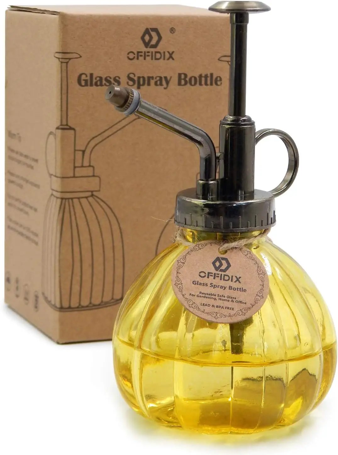 OFFIDIX Yellow Glass Watering Can Indoor, 6.3" Tall Vintage Style with Bronze Plastic Top Pump One Hand Spray Bottle by GreenHaven Gardens