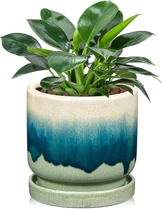 Oairse Ceramic Pot for Plants 5.5 inch Pots for Plants Small Planter Pot with Drainage Hole and Saucers Gradient Dark Teal Outdoor Inoor Flower Pots for Succulent, Cactus, Snake Plant, Herb by GreenHaven Gardens