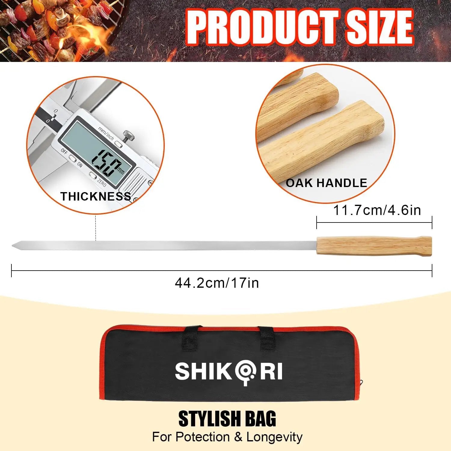 SHIKORI Kabob Skewers,BBQ Barbecue Skewers,Stainless Steel Sticks,17 Inch Heavy Duty Large Wide Reusable,with Nonslip Wooden-16 Pcs by GreenHaven Gardens