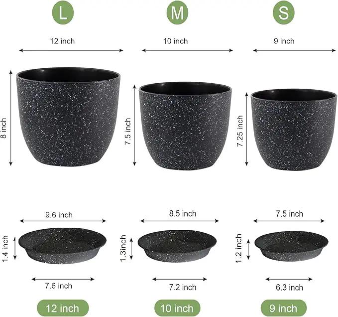 12/10/9 Large Modern Plant Pots, Plastic Planters with Drainage Holes and Saucers for Indoor Outdoor Plants Flowers, Black Speckles by GreenHaven Gardens
