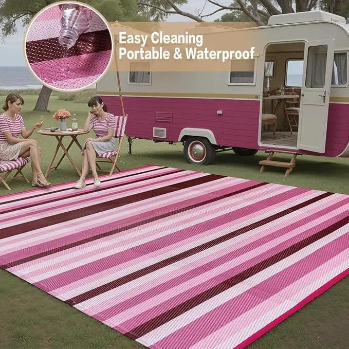 Outdoor Waterproof Rug 6'x9' Plastic Straw Rugs Washable Reversible Floor Mat Pink Stripe Carpet for Camping RV Deck Entryance Porch Picnic Balcony Beach Backyard by GreenHaven Gardens