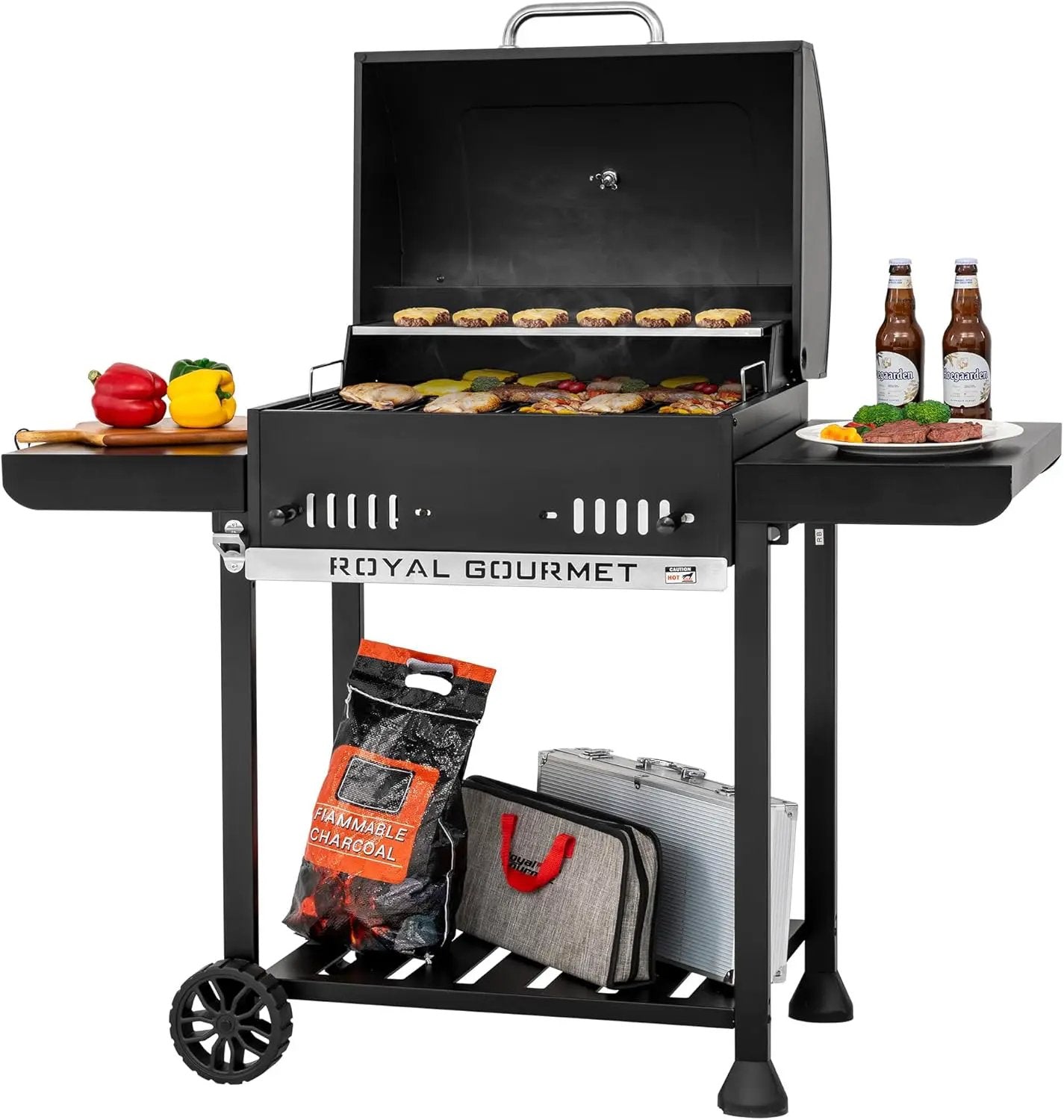 24-Inch Charcoal Grill with Foldable Side Tables, Movable BBQ Grill with 470 Sq. In. Cooking Area for Backyard, Patio and Parties, Black, CD1824EH-SC by GreenHaven Gardens