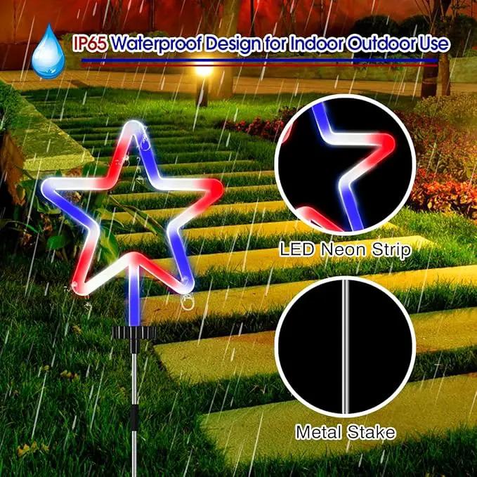 4 Pack Red White and Blue Solar Light Outdoor, 4th of July Decorations Patriotic Lights with Big LED Neon Star, Garden Stake Pathway Lights with 8 Modes for Independence Day Memorial Day Decor by GreenHaven Gardens