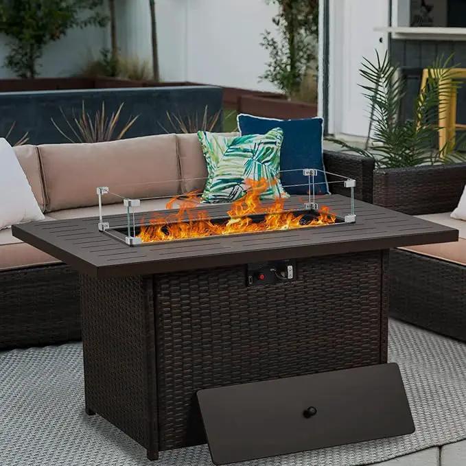 Propane Fire Pit Table,44 Inch 55000 BTU Outdoor Gas Fire Pit Rectangular with Glass Wind Guard for Outside Patio Deck (Brown-Aluminum Top) by GreenHaven Gardens