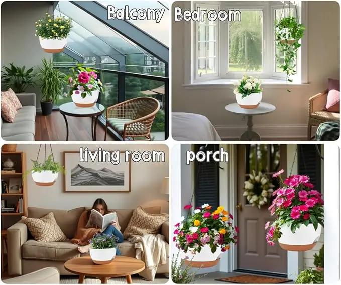 2 Pack 12 Inch Large Hanging Planters with Chains Self Watering White Brown Plastic Hanging Pots for Indoor Outdoor Plants, Garden Porch Home Decor，White Brown by GreenHaven Gardens