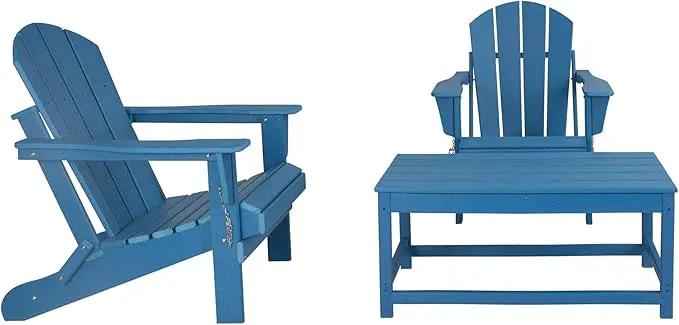 WO Home Furniture Adirondack Chairs Table Set of 3 PCS Outdoor Folding Chairs Coffee Table Weather/UV Resistant for Lawn, Garden, Bon Fire, Balcony (Pacific Blue) by GreenHaven Gardens