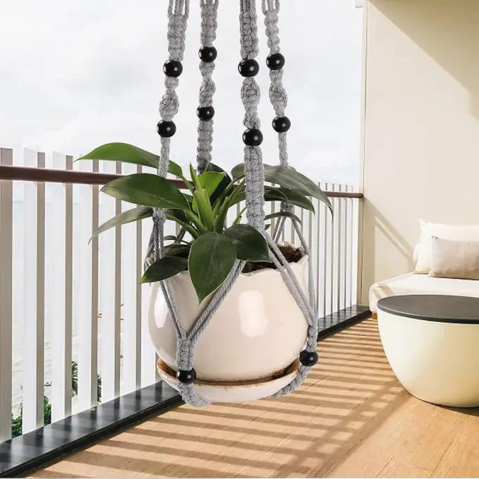 3-Pack Macrame Plant Hanger Indoor - Hanging Planter Basket for Indoor Outdoor - Decorative Boho Plant Holders Set with Beads - Ceiling Flower Pot Holder with 6 Hooks - 35"/30"/24" Gray by GreenHaven Gardens