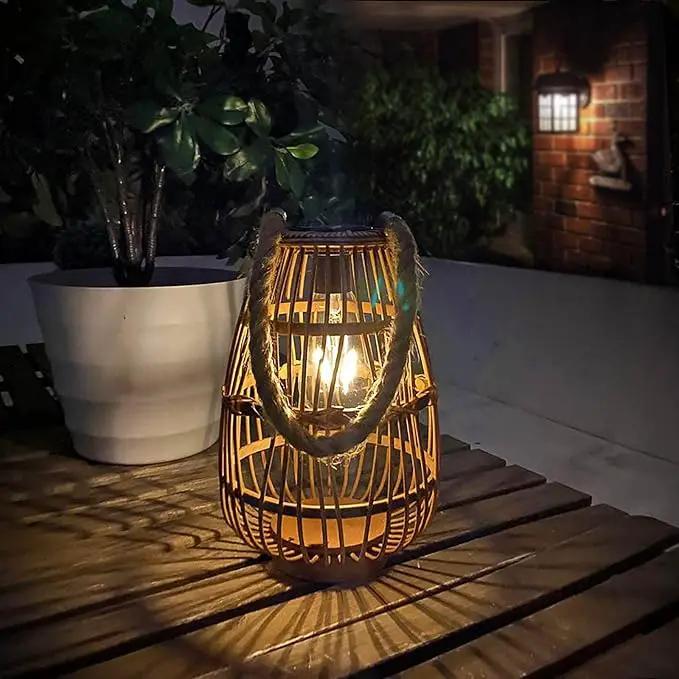 pearlstar Outdoor Solar Lanterns Light Rattan Natural Lantern with Handle for Hanging or Table Lamp for Patio Yard Garden Wedding Home Decoration, Edison Bulb, Auto on/Off(Style 1) by GreenHaven Gardens
