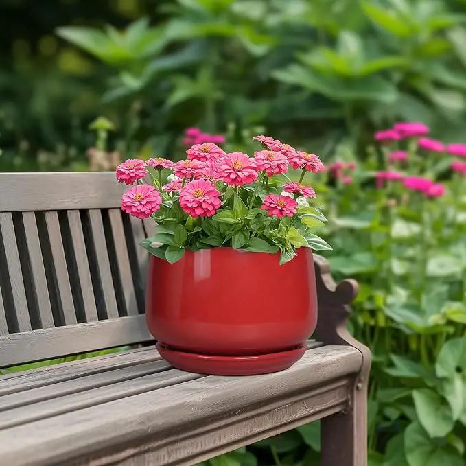 G EPGardening Ceramic Planter 7 Inch - Flower Pots for Indoor Plants, Round Planter with Drainage and Ceramic Tray, Modern Plant Pot, Bathroom Decor, Teacher Gifts, Red by GreenHaven Gardens