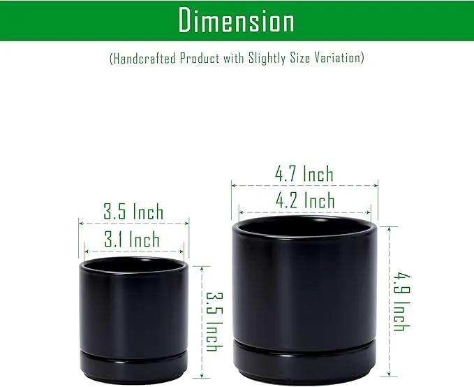 D'vine Dev 3.5 Inch & 4.7 Inch Ceramic Planter Pots for Plants with Drainage Hole and Saucer, X-Small Plant Pots Set, Black, 94-G-XS-2 by GreenHaven Gardens