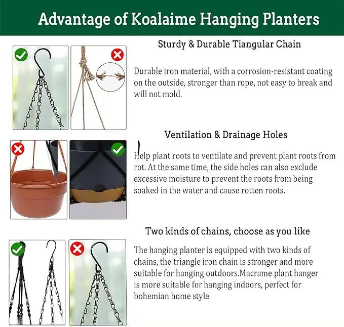 2 Pack Hanging Planters Set,10 Inch Indoor Outdoor Hanging Plant Pot Basket,Hanging Flower Pot with Drainage Hole with 3 Hooks for Garden Home… (Black Hanger Black Planters) by GreenHaven Gardens