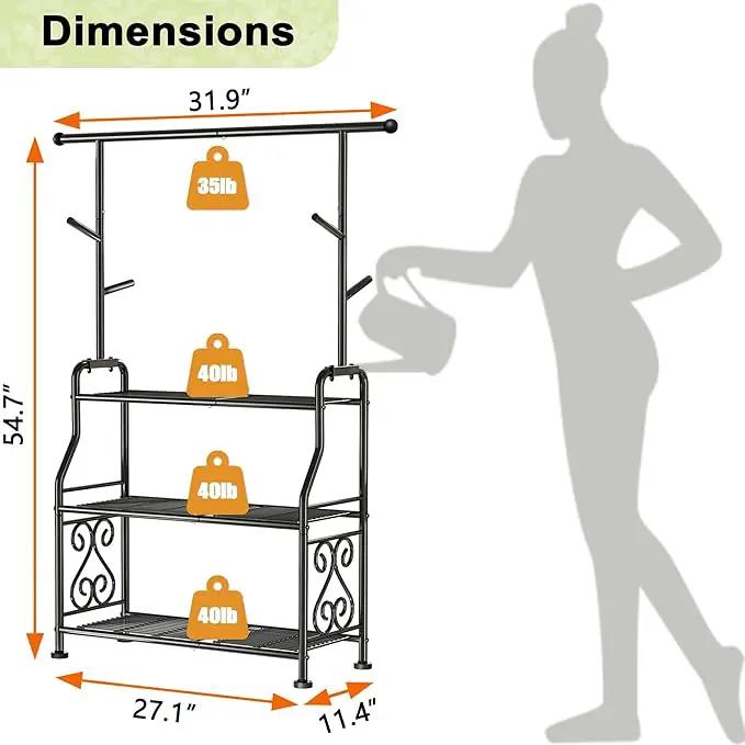 GIOTORENT Plant Stand Indoor Outdoor, 3-Tier Heavy Duty Metal Shelves, Display up to 14 Multiple Plants, Tall Plant Holder with Plant Hanger, Suit for Patio Living Room Garden Balcony, 5 Hooks, Black by GreenHaven Gardens