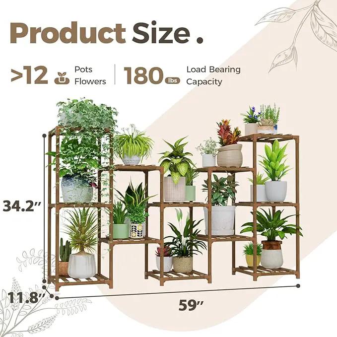 Bamworld Large Plant Shelf Outdoor Wood Plant Stand Large Rack for Living Room Patio, Balcony and Garden by GreenHaven Gardens