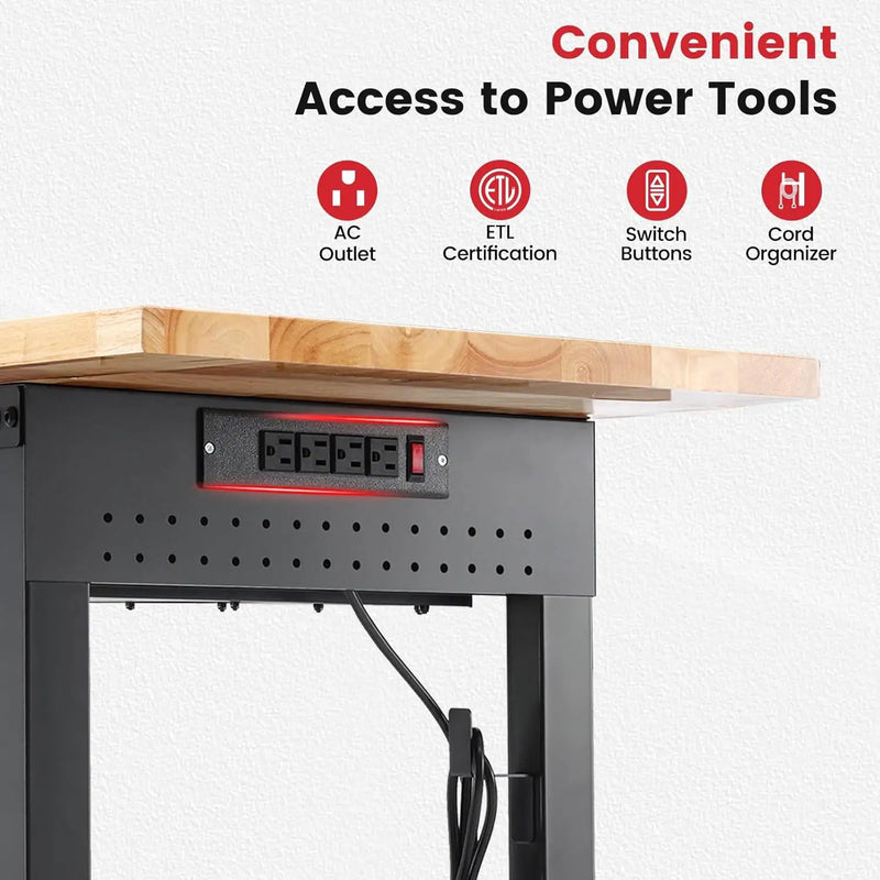 Work Bench for Garage with Drawers 60 x 22 Inch Heavy Duty Rubberwood Tabletop Work Table with Pegboard, Power Outlets Adjustable Workbench for Woodworking Shop, Home, Office, Electronic by GreenHaven Gardens