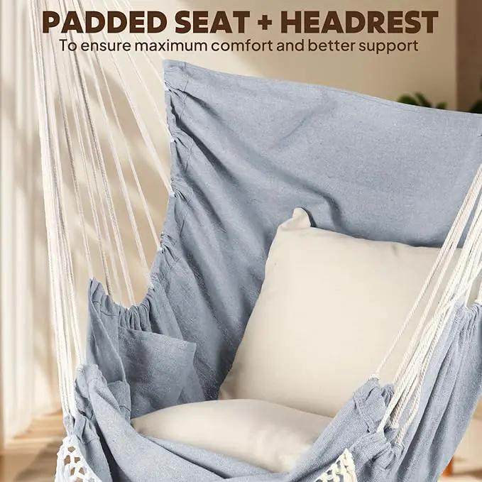Chihee Hammock Chair Hanging Chair with Foot Rest 2 Cushions Max 500lbs Robust Metal Spreader Bar Collapsible Easy Storage Soft Cotton Swing Chair Strong Strap Iron Carabiner Side Pocket Included by GreenHaven Gardens