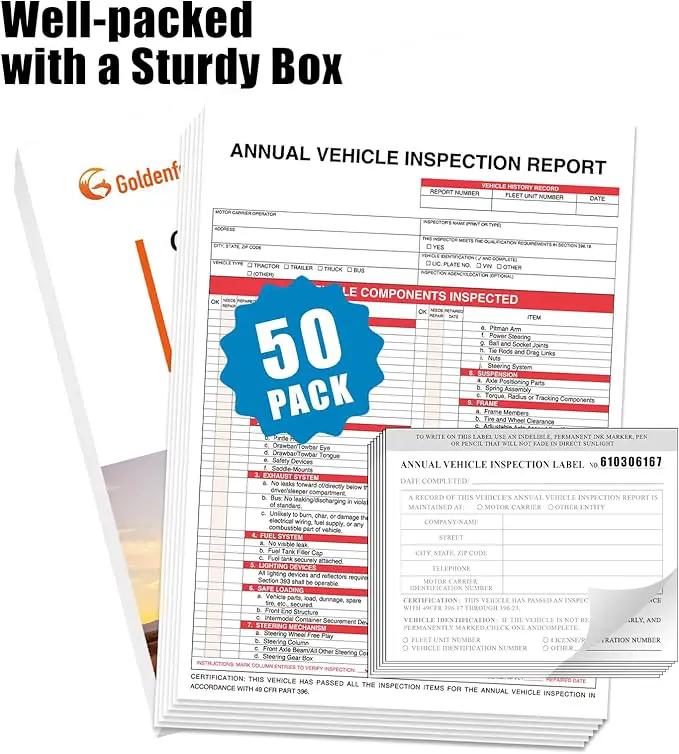 Goldenfox DOT Inspection Forms and Stickers. 50-Pack,3-Ply Carbonless Annual Vehicle Inspection Report (8.5" x 11.75") with 2-Ply Vinyl White Interior fmcsa Annual Inspection Sticker(5"x4") by GreenHaven Gardens