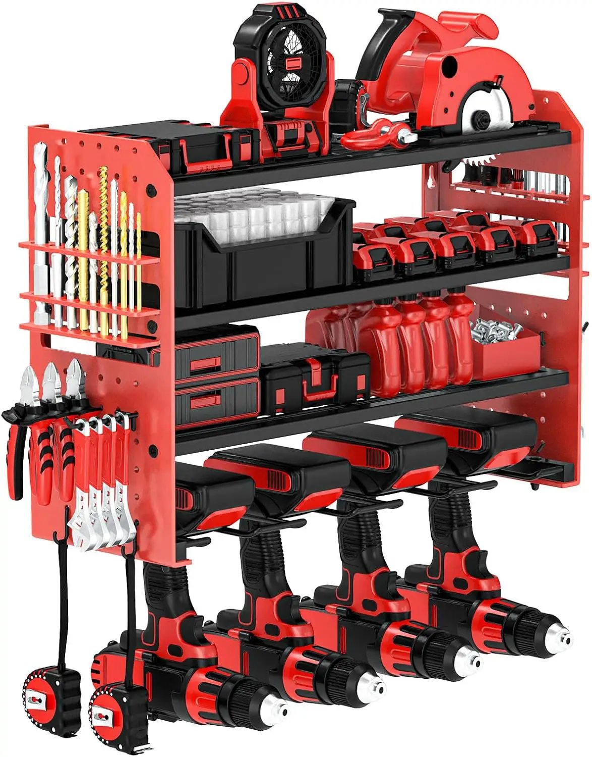 Power Tool Organizer Wall Mount, Red Metal Power Tool Storage Rack with Screwdriver Holder, Garage Tool Storage Shelves with Screwdriver Holder Plier Holder (Red, 4 Drills Holder) by GreenHaven Gardens
