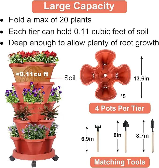 Vertical Planter 5 Tier Stackable Planters Garden Planters Strawberry Herb Flower and Vegetable Planter Indoor Outdoor Gardening Pots with Removable Wheels and Tools by GreenHaven Gardens