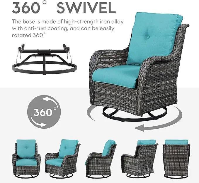 Outdoor Swivel Rocker Wicker Chairs Set of 3, High Back Swivel Patio Chairs Wicker Furniture Set, 2 PCS Rattan Swivel Rocking Chair with Side Table, Turquoise by GreenHaven Gardens