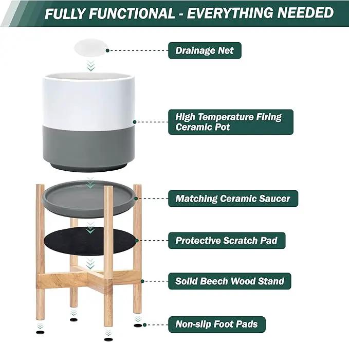 D'vine Dev Ceramic Planter with Natural Stand - 12 Inch Modern Round Flower Pot with Wood Planter Holder, White/Grey, 55-B-J-6 by GreenHaven Gardens