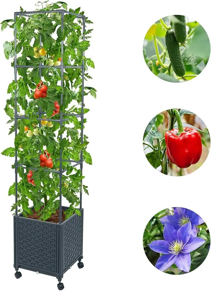 GREEN MOUNT Raised Garden Bed Planter Boxes with Trellis for Climbing Vegetables Plants, 56.7" Tomatoes Planters Outdoor Tomato Cage w/Wheels by GreenHaven Gardens