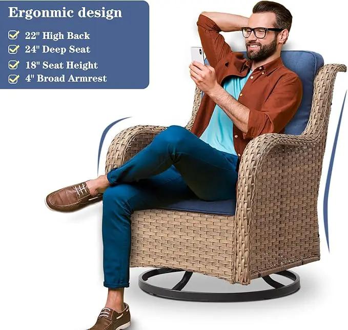 Wicker Outdoor Furniture Patio Furniture Set - 6 Piece Patio Conversation Set with Swivel Rocker Chairs, Loveseat Sofa, Ottomans and Coffee Table, Blue Cushion by GreenHaven Gardens