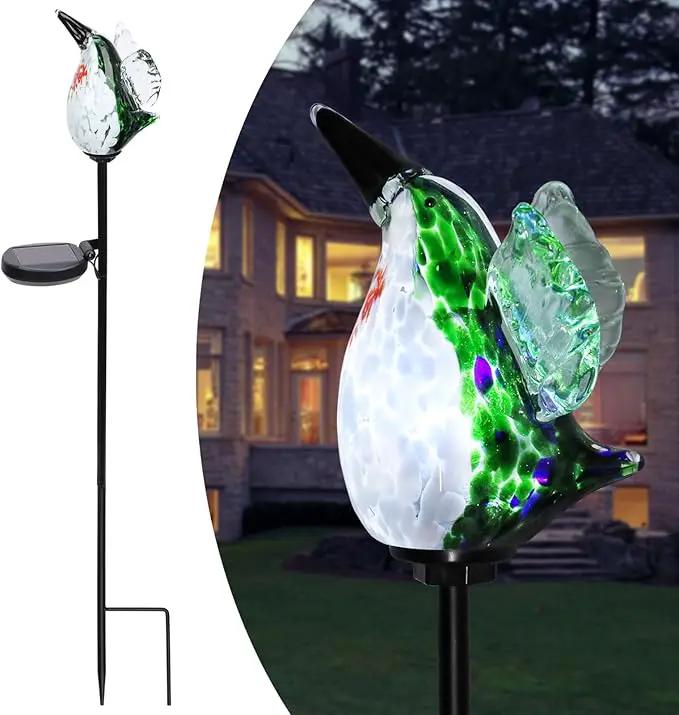 Afirst Decorative Solar Lights Outdoor Solar Hummingbird Stake Lights Hand Blown Glass Decorative Garden Pathway Light Outdoor Waterproof Glass Stakes Green by GreenHaven Gardens