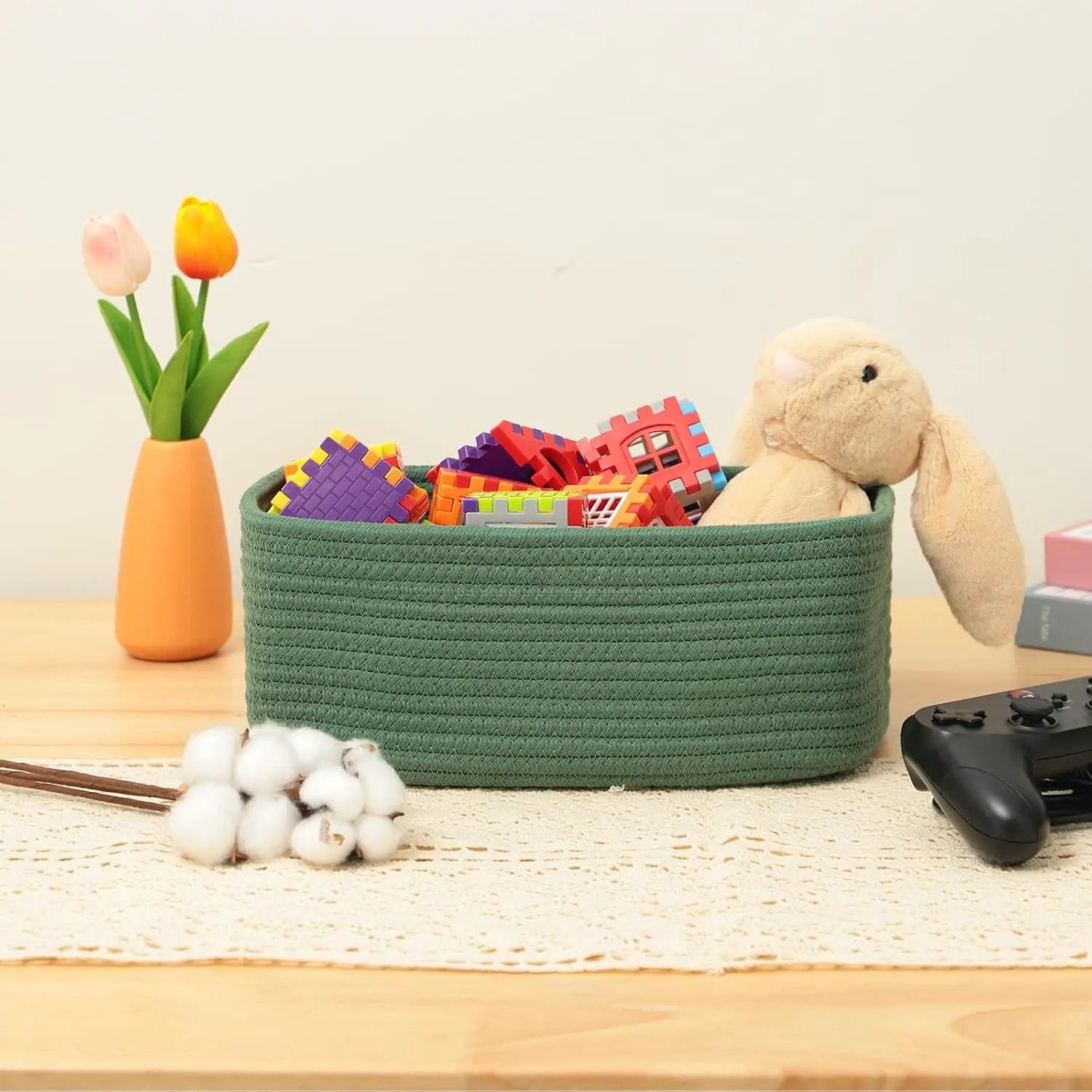 Small Storage Baskets for Organizing | Closet Organizer Bins | Shelf Toy Basket | Woven Rope Baskets | Cube Decorative Box | Shallow Basket | 11.5x7.5x4.7” | 3 Packs Green by GreenHaven Gardens