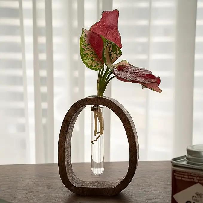 Modern Wooden Glass Test Tube Vase - Desk Plant Decor, Suitable for Home and Office Use by GreenHaven Gardens