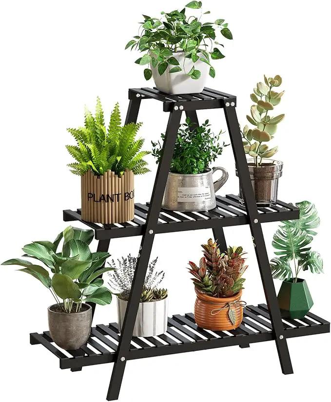 Plant Stand Indoor Plant Shelf Outdoor bamboo Plant Rack, 3 Tiers Ladder Plant Holder Flower Stand for Living Room Balcony Garden Patio,Living Room Boho Home Decor for Gardening Gifts (Black) by GreenHaven Gardens