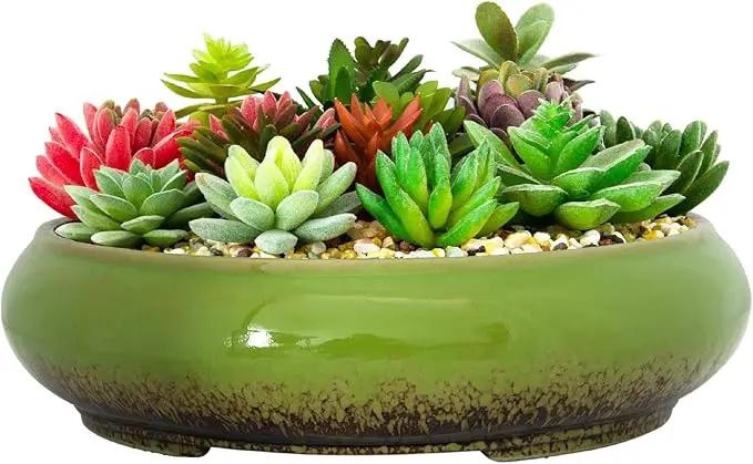 Succulent Pots - 11.5 Inch Ceramic Bonsai Pots with Drainage, Large Shallow Succulent Planters for Indoor Outdoor Plants, Round Glazed Cactus Flower Plant Container Bowl Home Desk Decor(Green) by GreenHaven Gardens